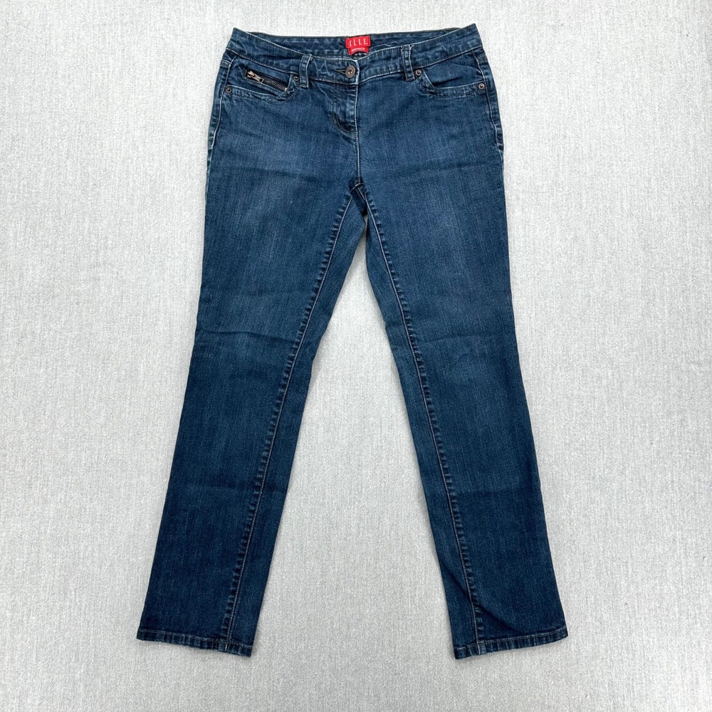 Elle Jeans Women 8 Blue Monaco Mid Rise Straight Leg Rhinestone Embellished Dark